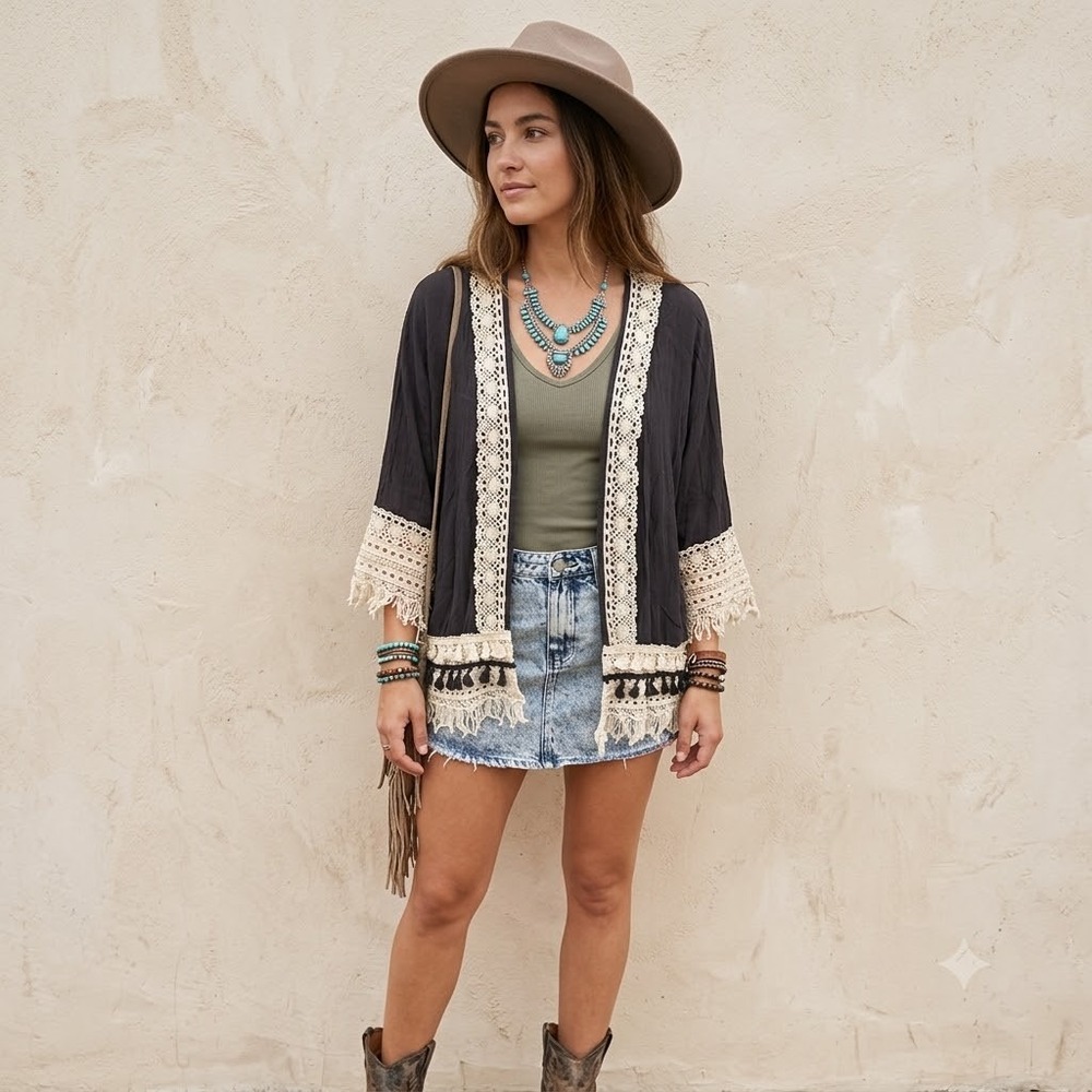 Knox Rose Kimono Cardigan Womens Gray Small Crochet Lace‎ Tassel Fringe Boho